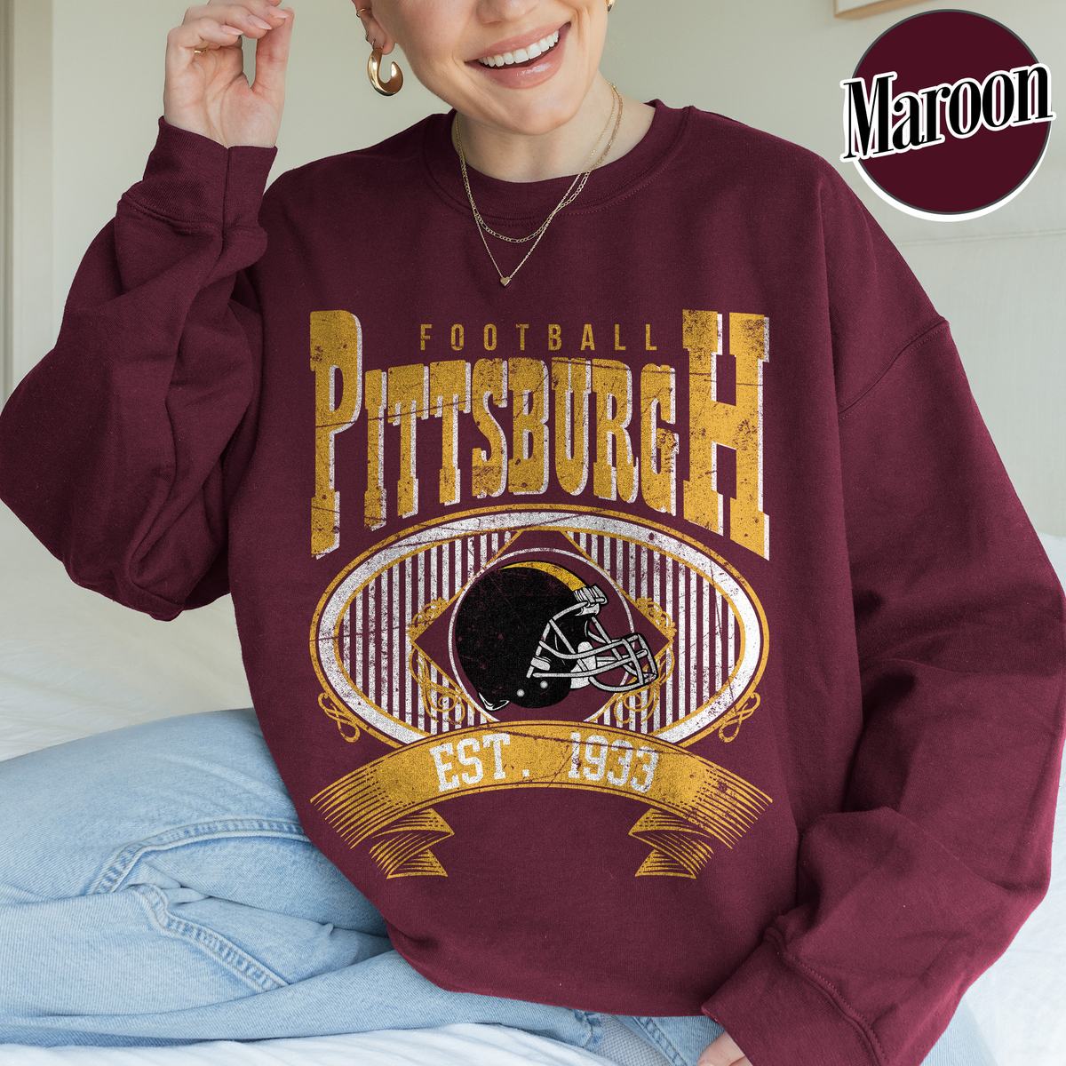 Unisex Pittsburgh football vintage crewneck sweatshirt for men and women